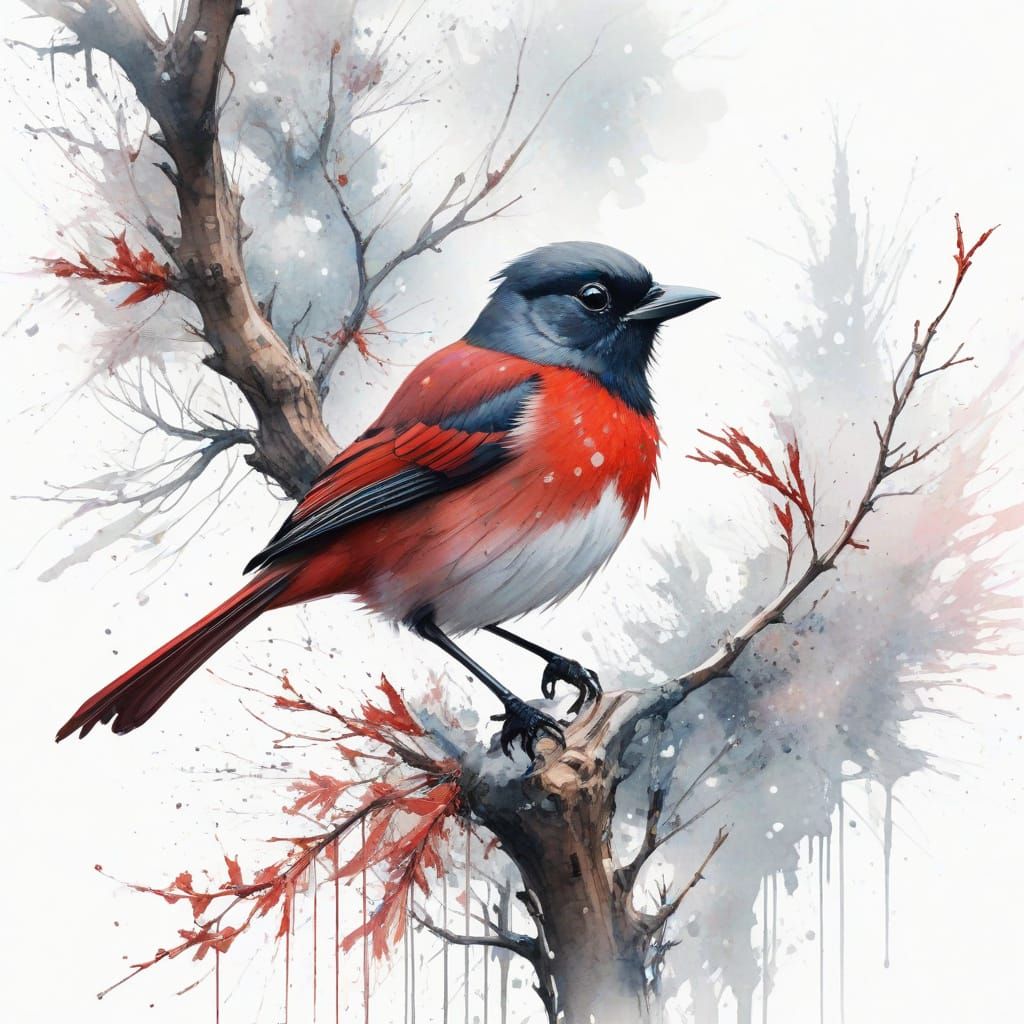Whimsical Watercolour of Snowy Tree and Red Jay in Dreamlike...