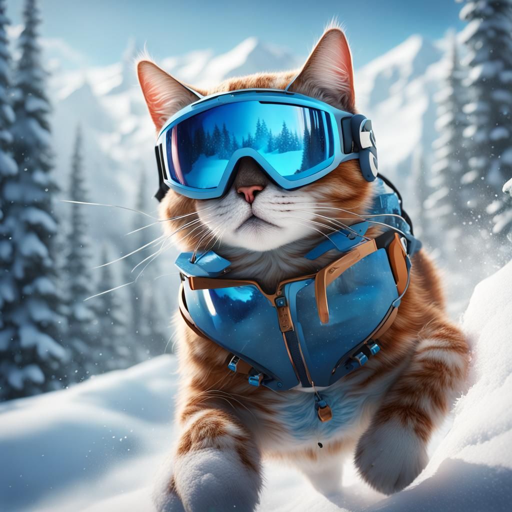 Skiing Cat with Goggles: Detailed Matte Painting
