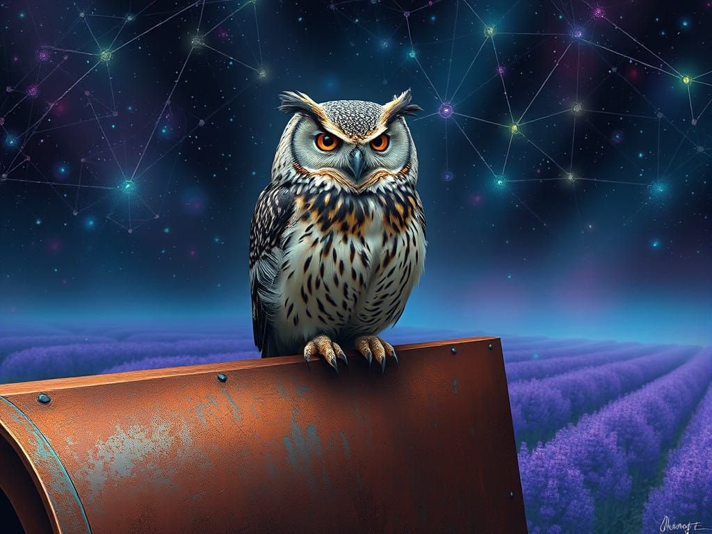 Surrealistic Vision of an Owl in a Cyberpunk Landscape