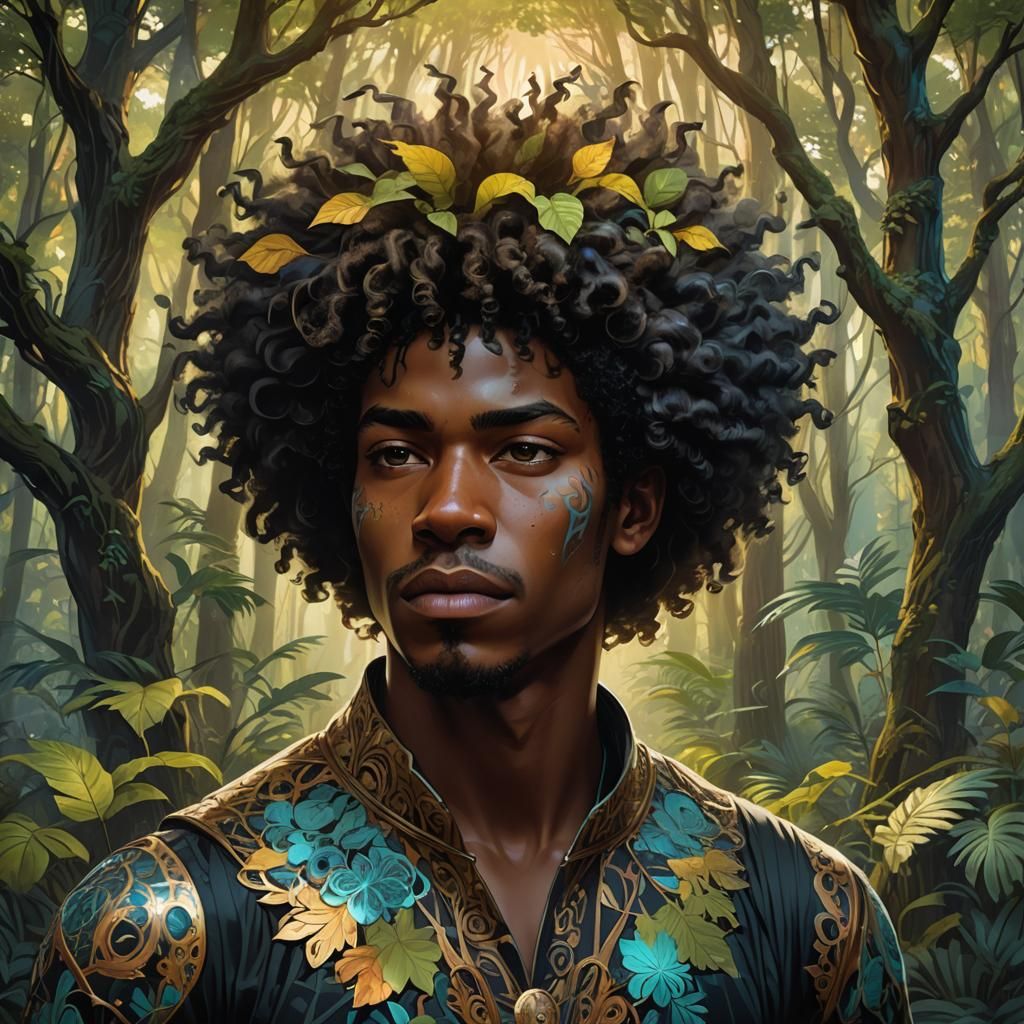 Mystical Forest Portrait of a Black Skin Walker in Art Nouve...