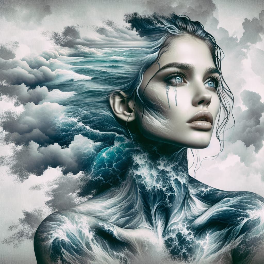 double exposure, a beautiful young Woman’s face crying an ocean, water skin to her neck and torso, mirroring a marine li...
