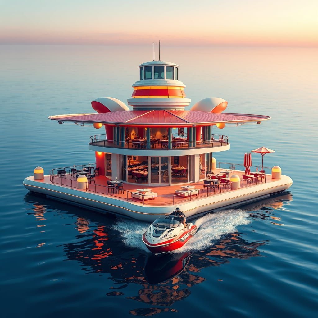 Luxurious Floating Restaurant in Futuristic Pop Art Style