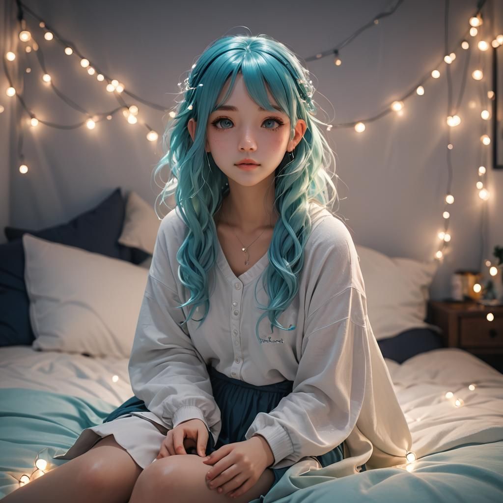 Anime Girl Portrait with Fairy Lights in 3D Style