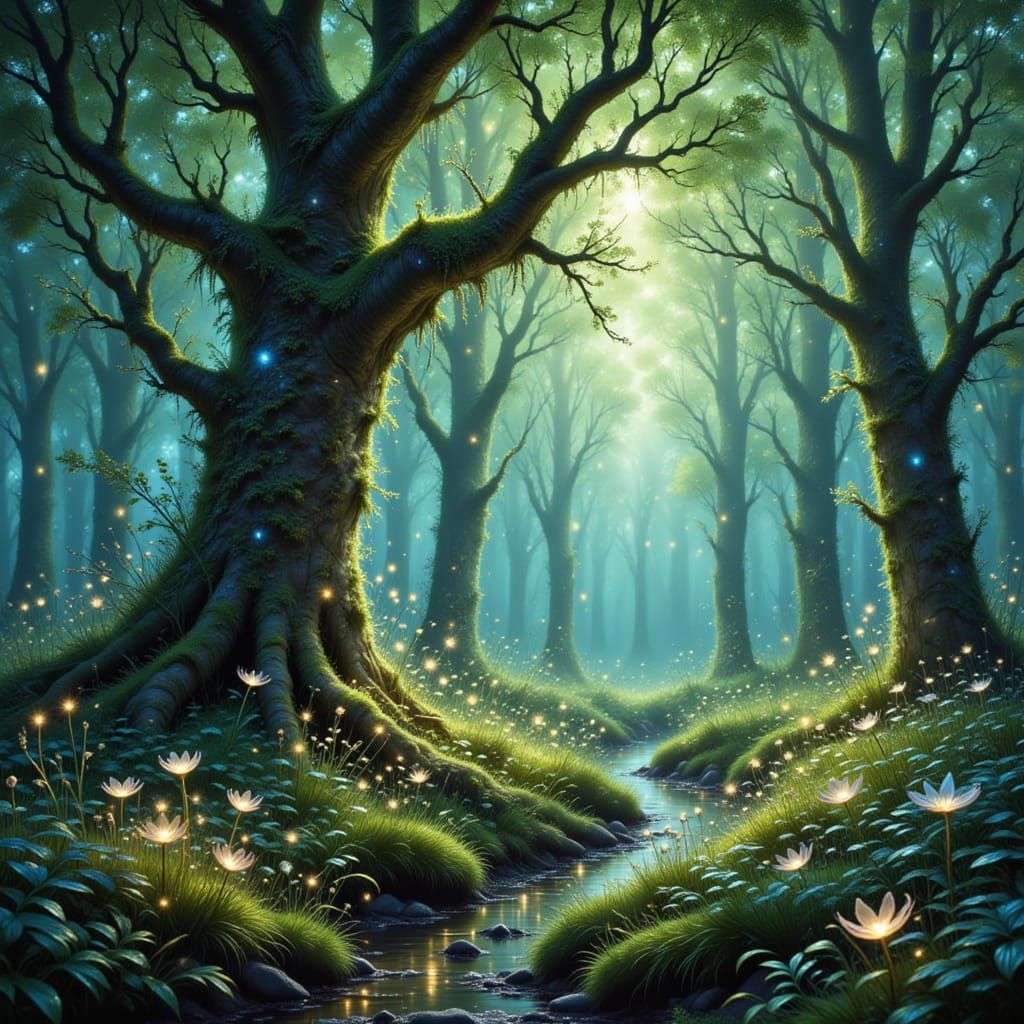 Enchanted Forest Wonderland with Luminous Flora