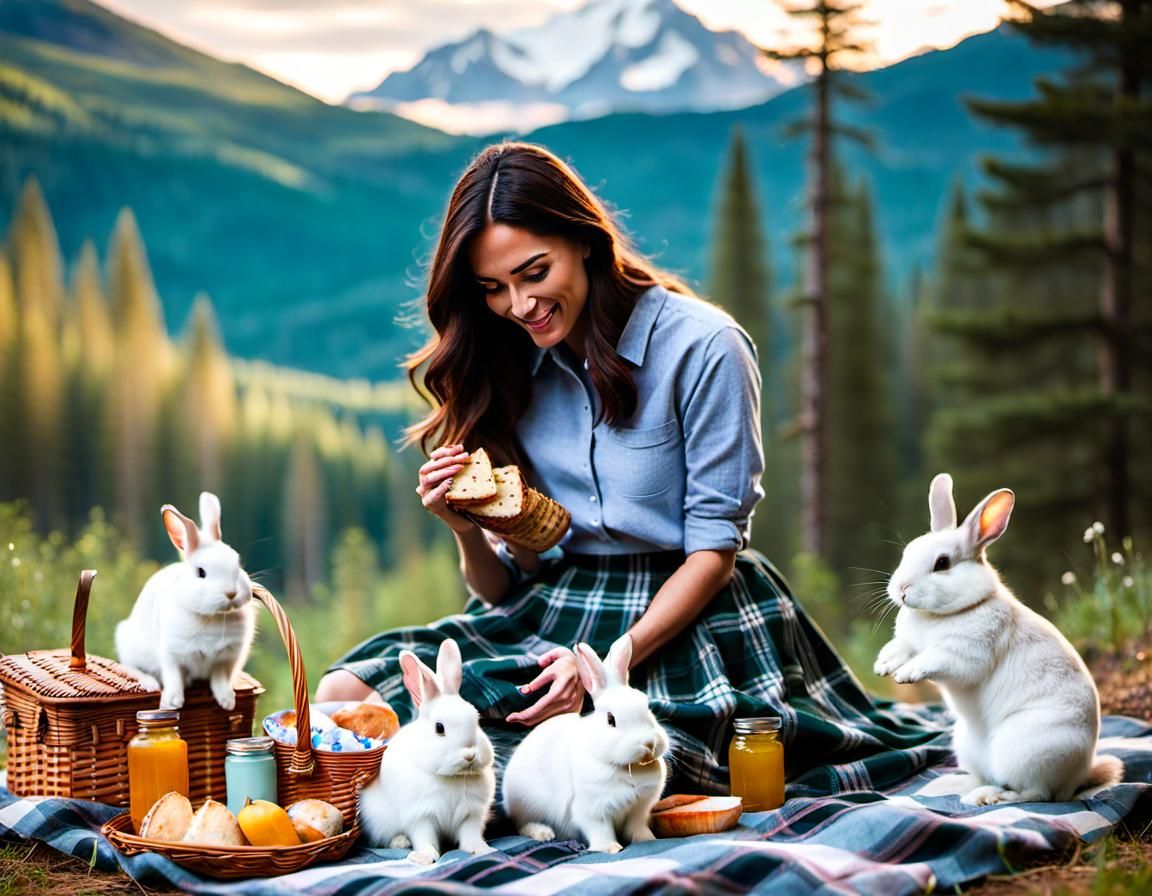 Woman's Picnic with Bunnies in Forest Clearing