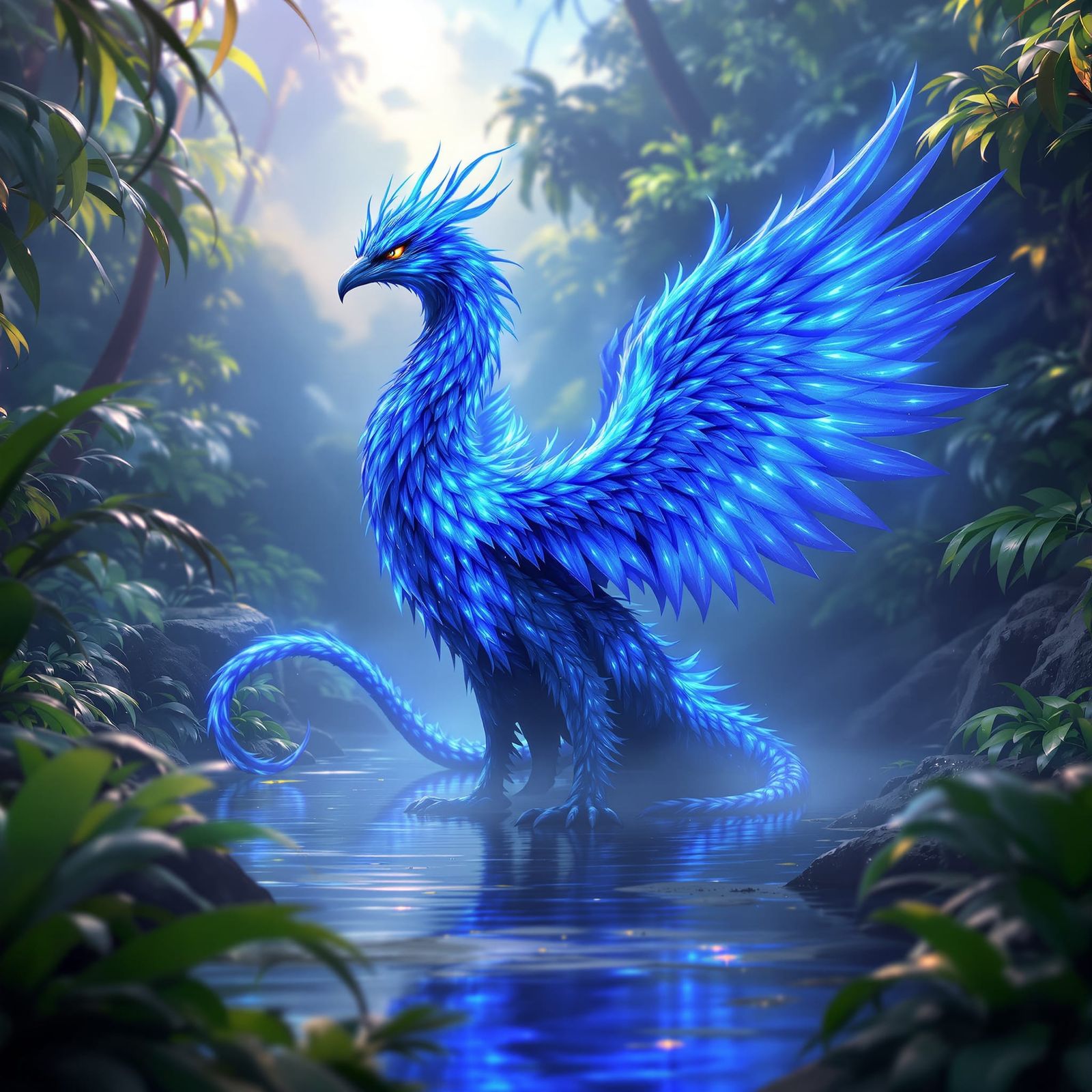 Blue Fire Griffin in Lush Tropical Riverbed