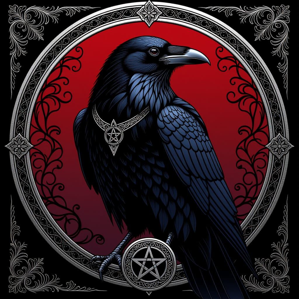 Regal Raven with Pentacle in Gothic Setting