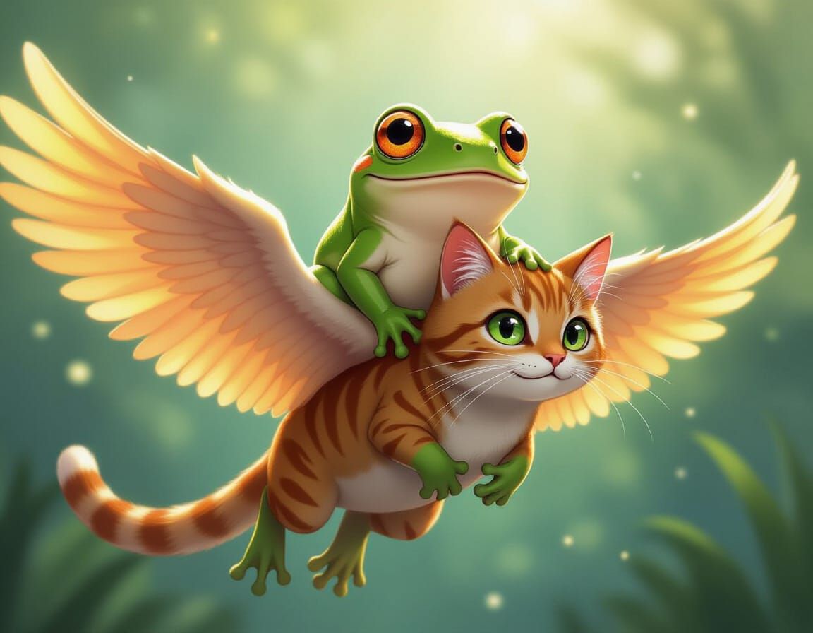 Surprised Frog Rides a Flying Cat