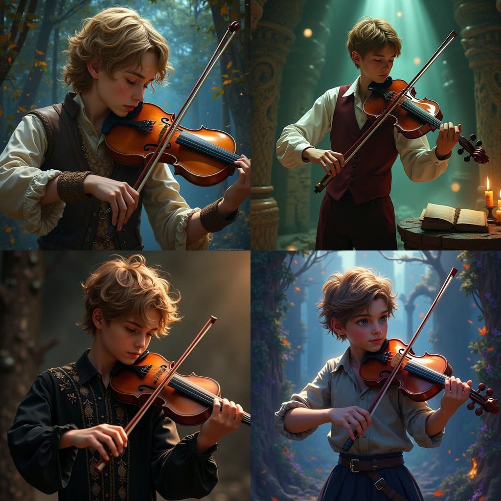 Youthful Violinist in Whimsical Fantasy Land