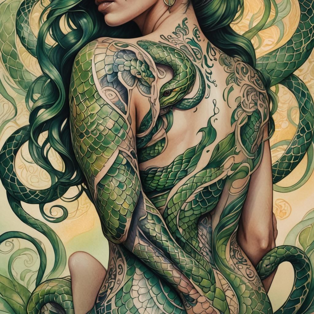 Green Two-Headed Snake Tattoo Art: Ethereal Close-Up