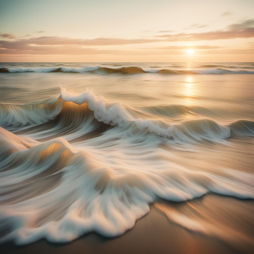 Serene Sunset Shoreline in Soft Pastel Cinematography