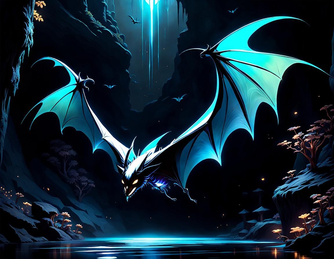 Haunting Bioluminescent Bat in a Mysterious Cave