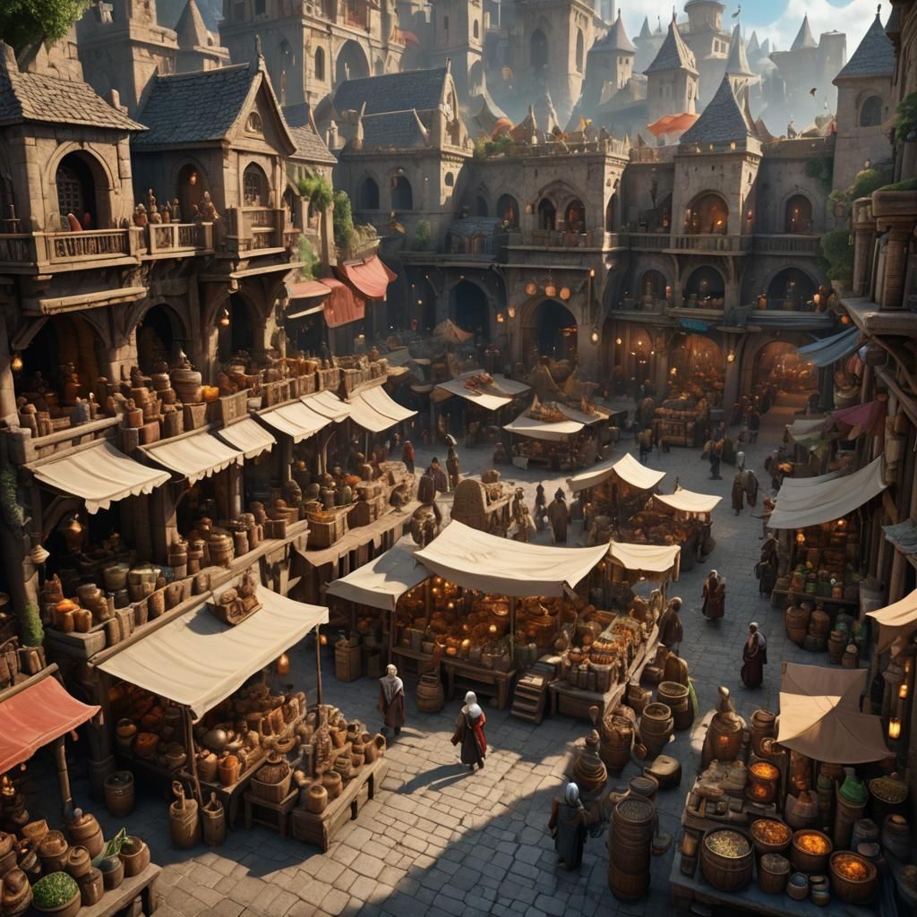 A bustling marketplace in an ancient, magical city, with ven...