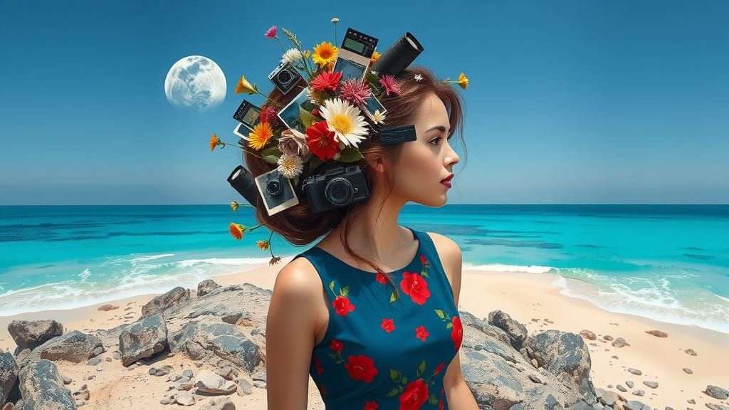 Dreamlike Woman Adorns Her Hair with Whimsical Objects on a...