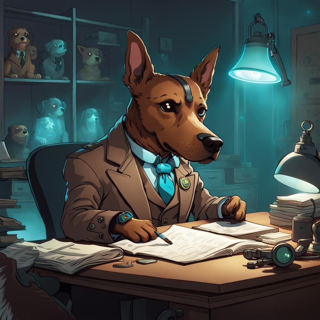 Bioluminescent Detective Dog Inspecting Evidence