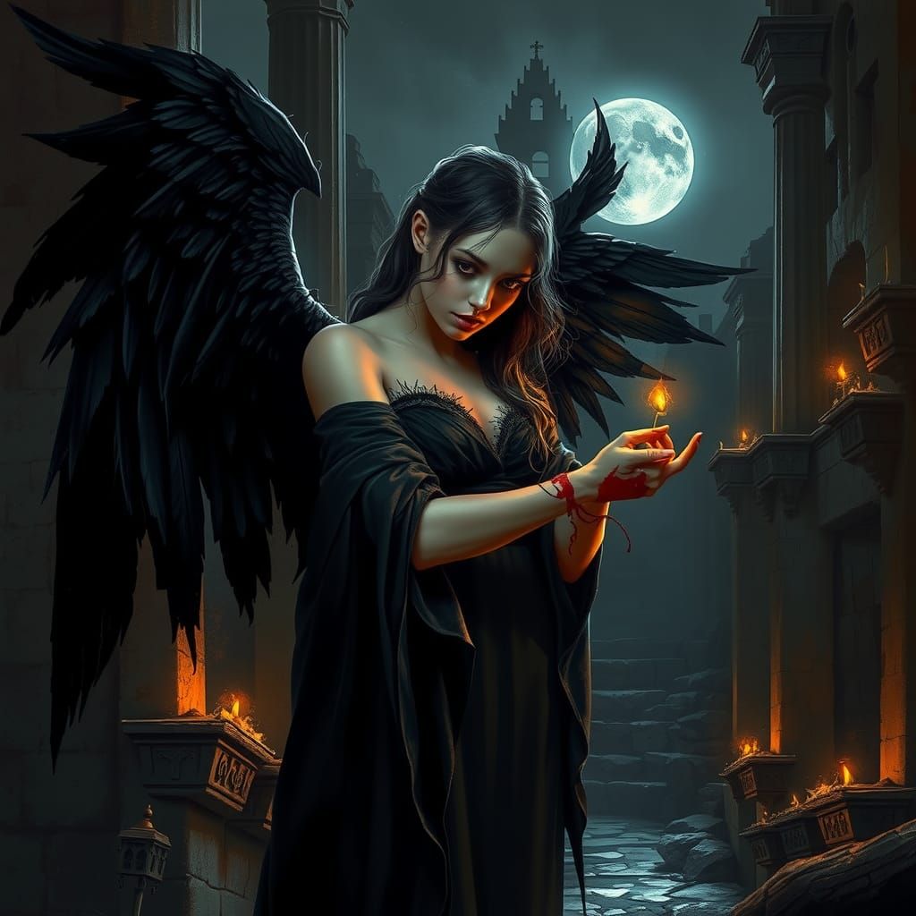 Wounded Gothic Angel in Ruined Castle: Dark Romanticism