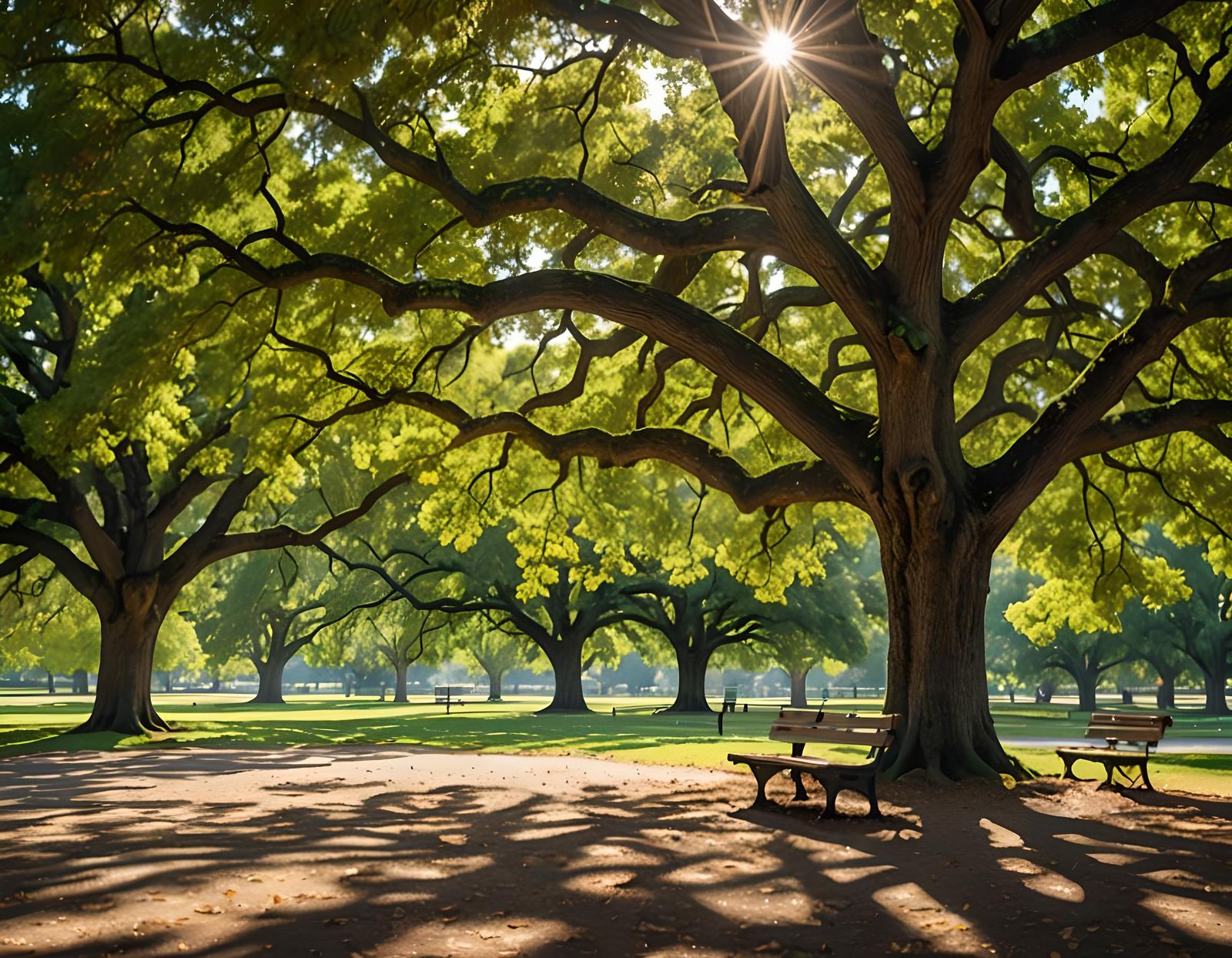 Sun-Drenched Park Bench Underneath an Old Oak Tree