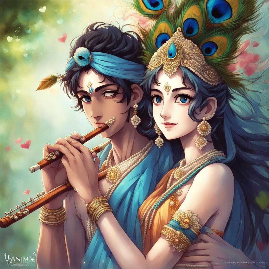 Radha and Krishna Embrace: Anime Style