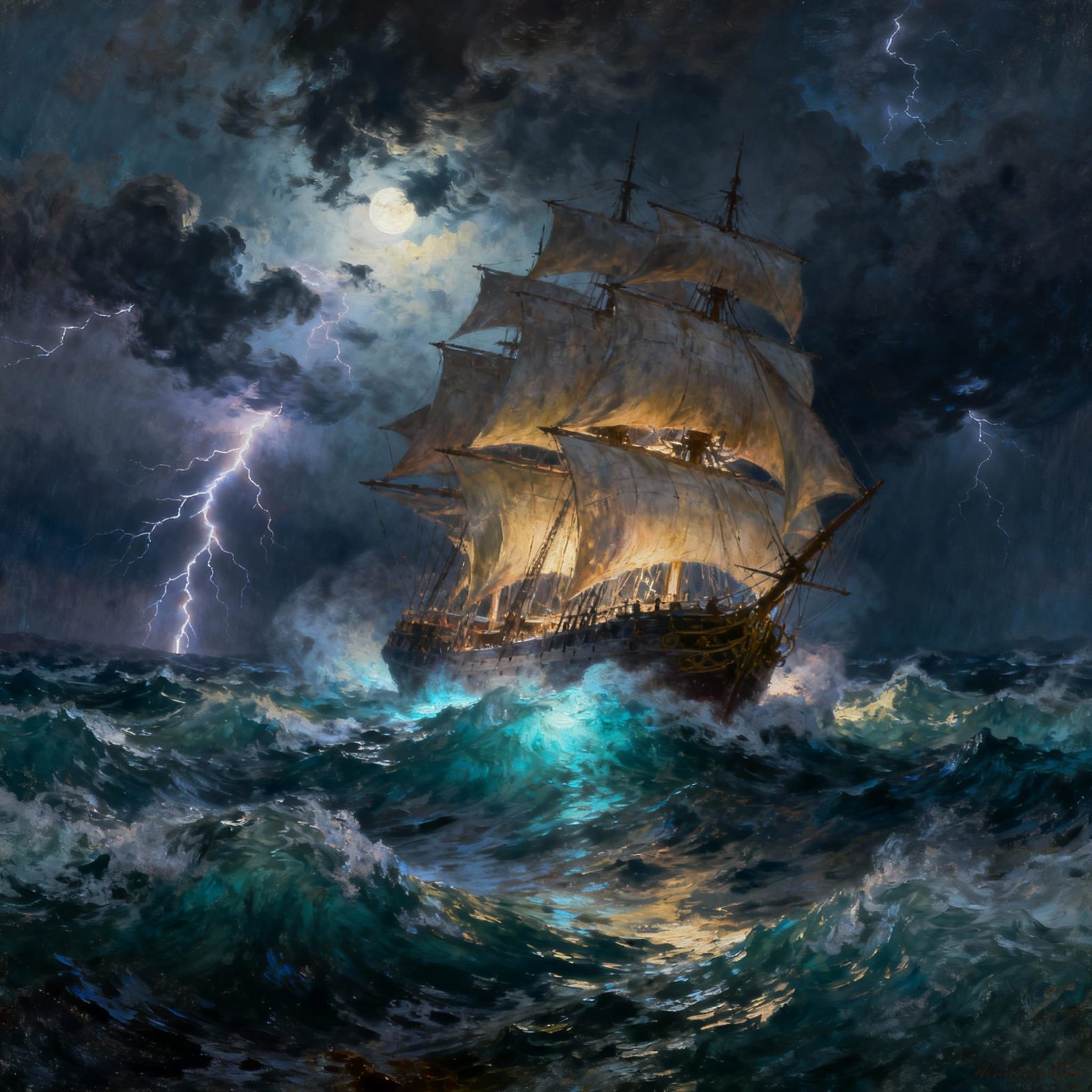 Galleon on Tempestuous Sea in Dramatic Oil Painting Style