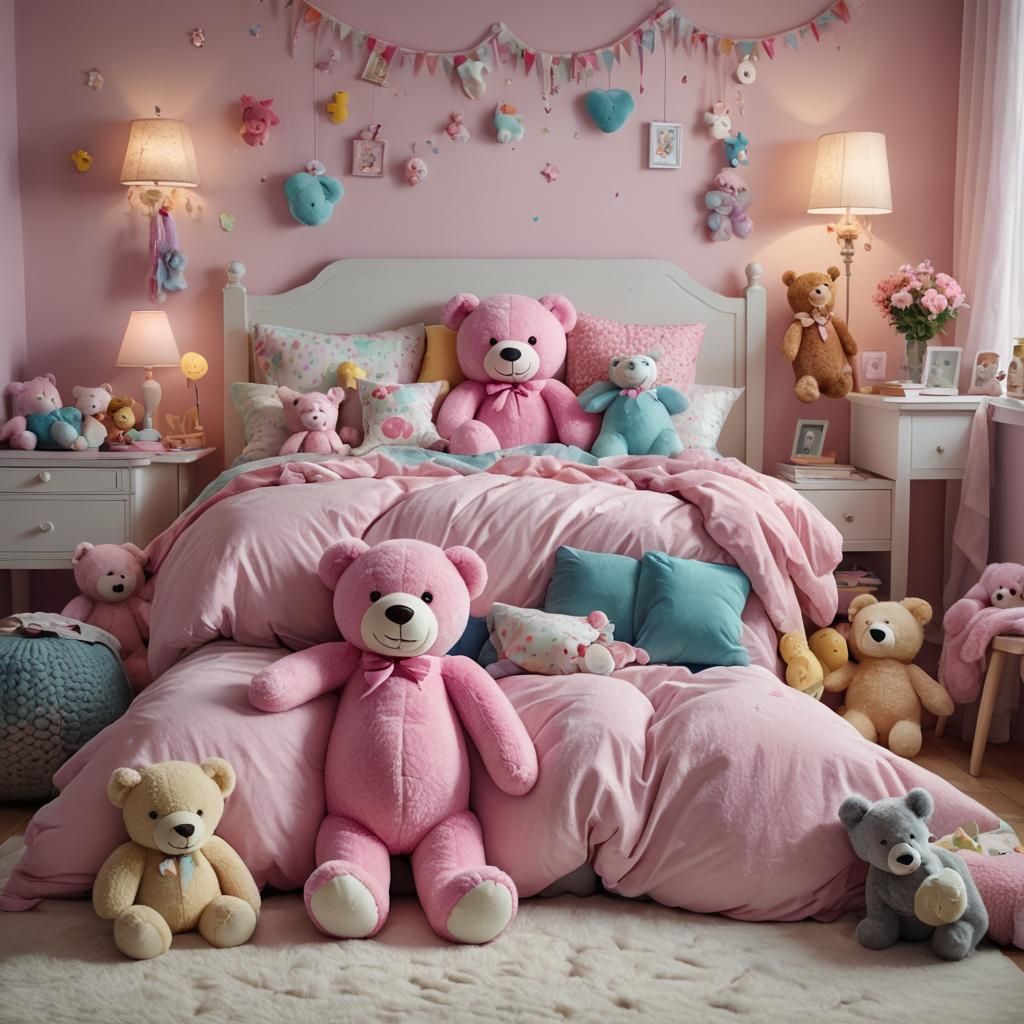 Cozy Bedroom with Giant Pink Teddy Bear