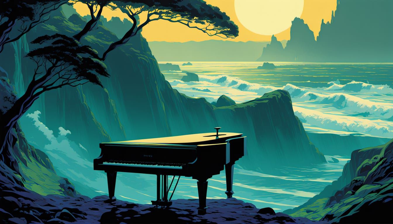 Piano on Rugged New Zealand Shoreline in Dreamlike Oil Paint...