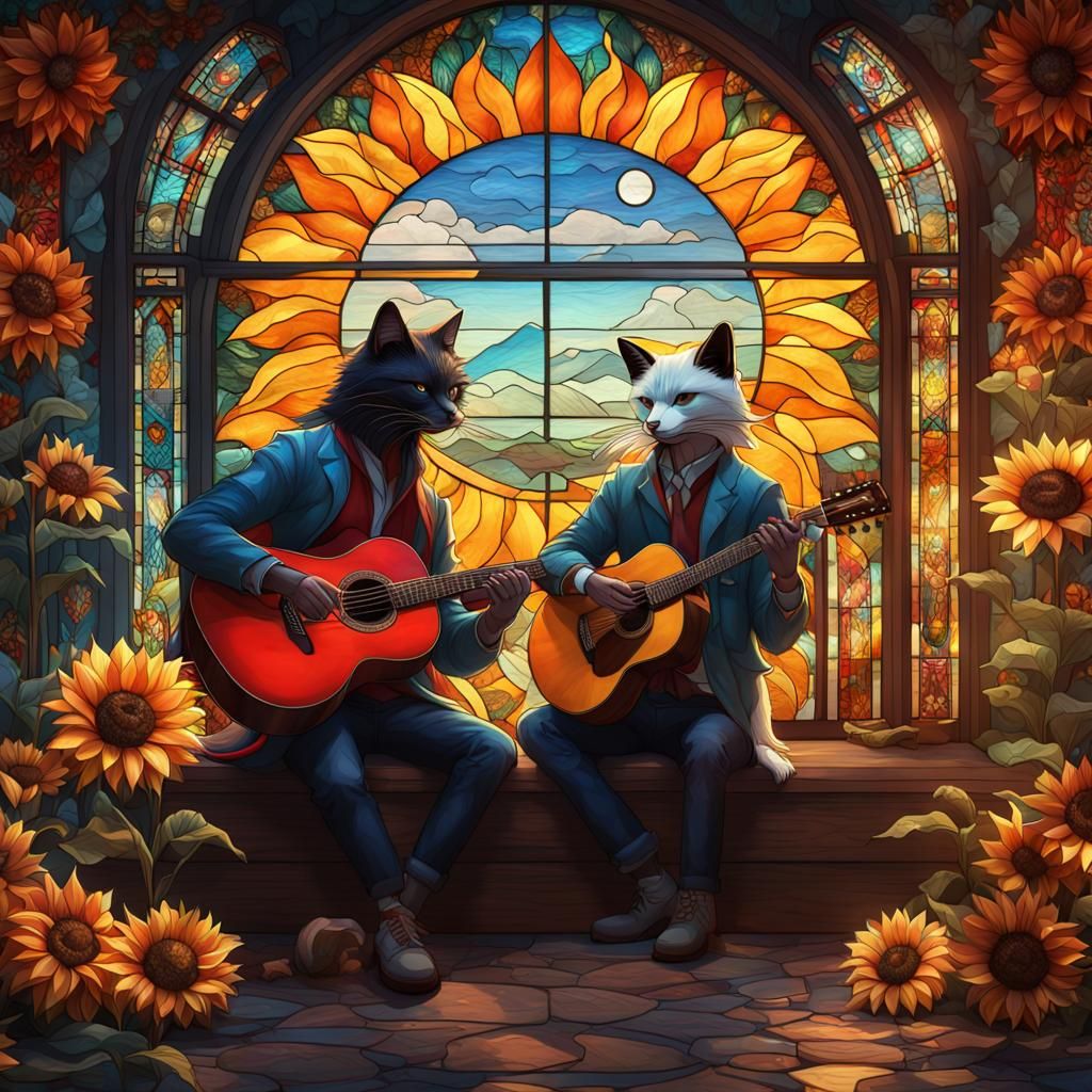 Two Asian Men in Love with Sunflower: 3D Stained Glass Art