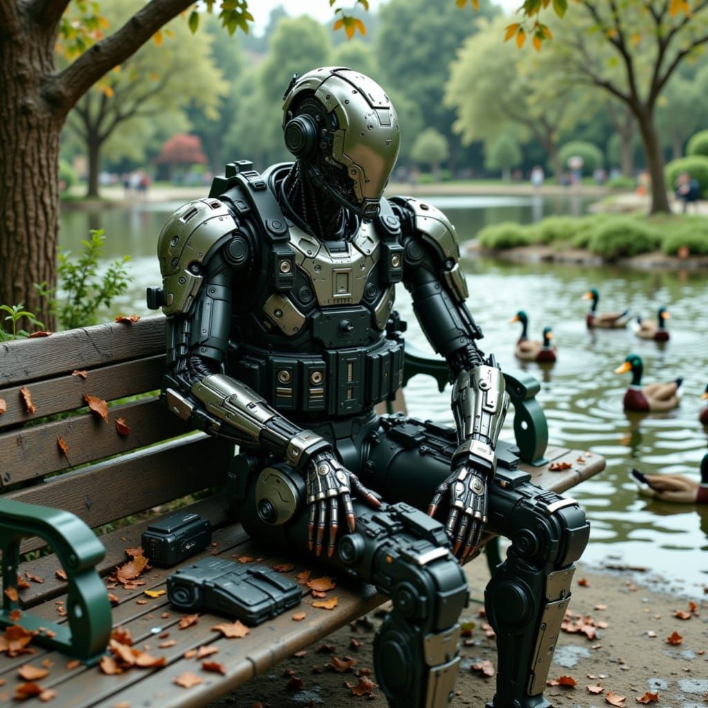 Cyborg in a Futuristic Park Scene