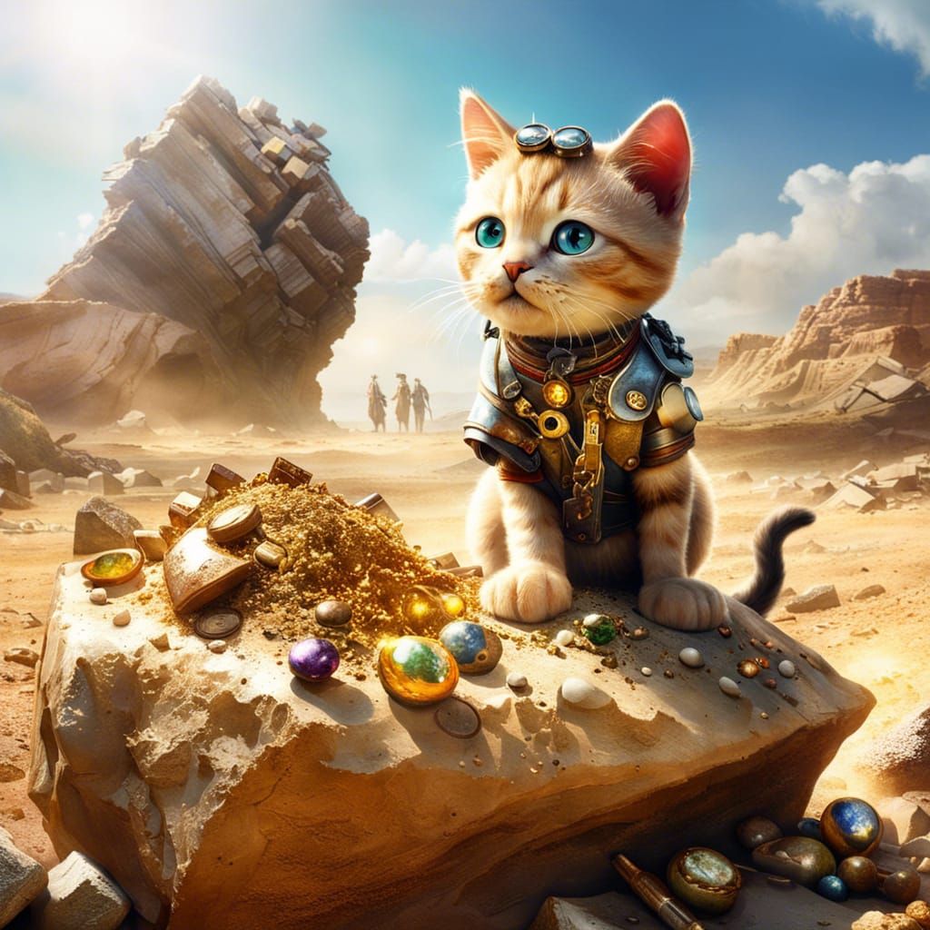 Cartoon Cat Archeologist Finds Treasure, Hyperrealistic Art