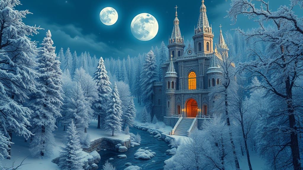 Epic Winter Fortress in Moonlit Forest