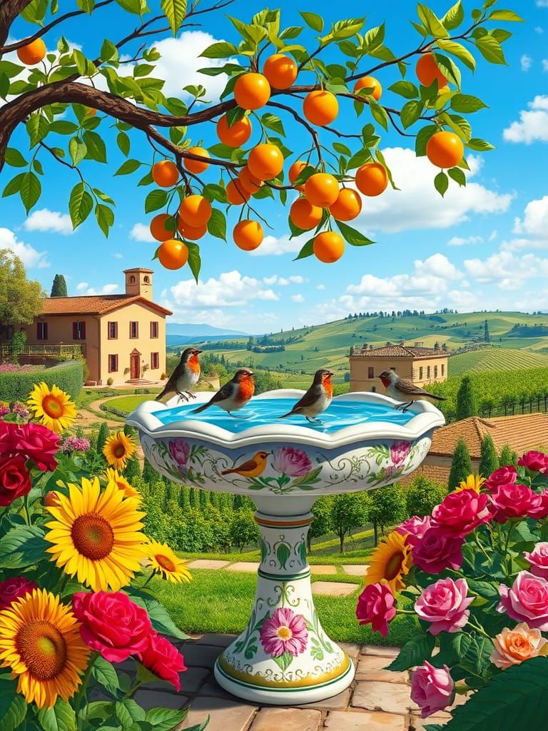 Art Nouveau Bird Bath in Tuscan Garden