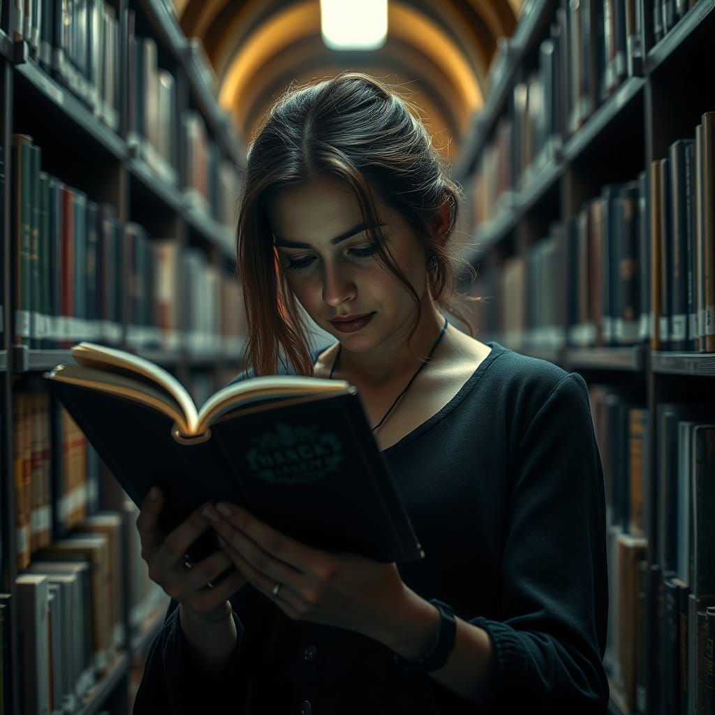 Mysterious Woman Reads in Elegant Library Setting