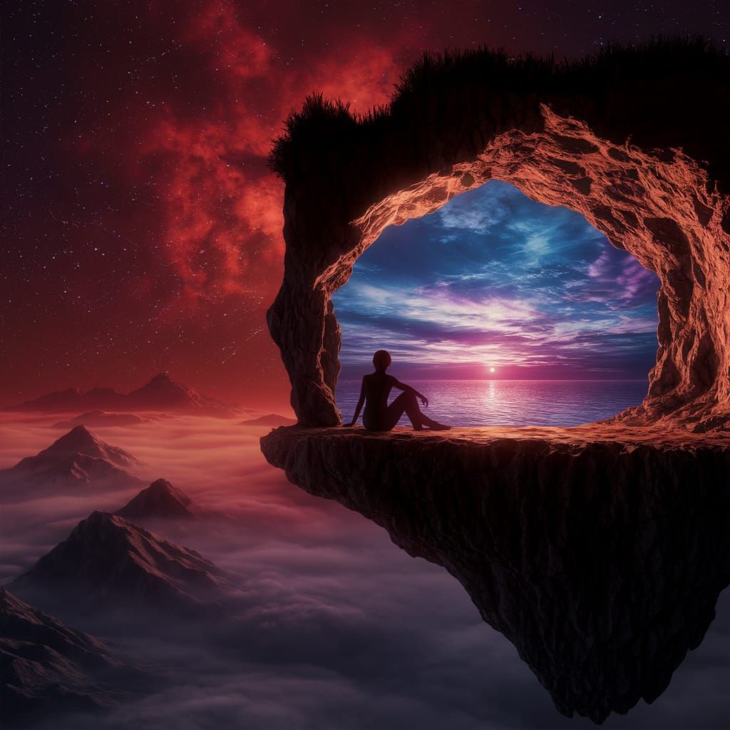 Surreal Floating Island Cave Sunset Digital Art