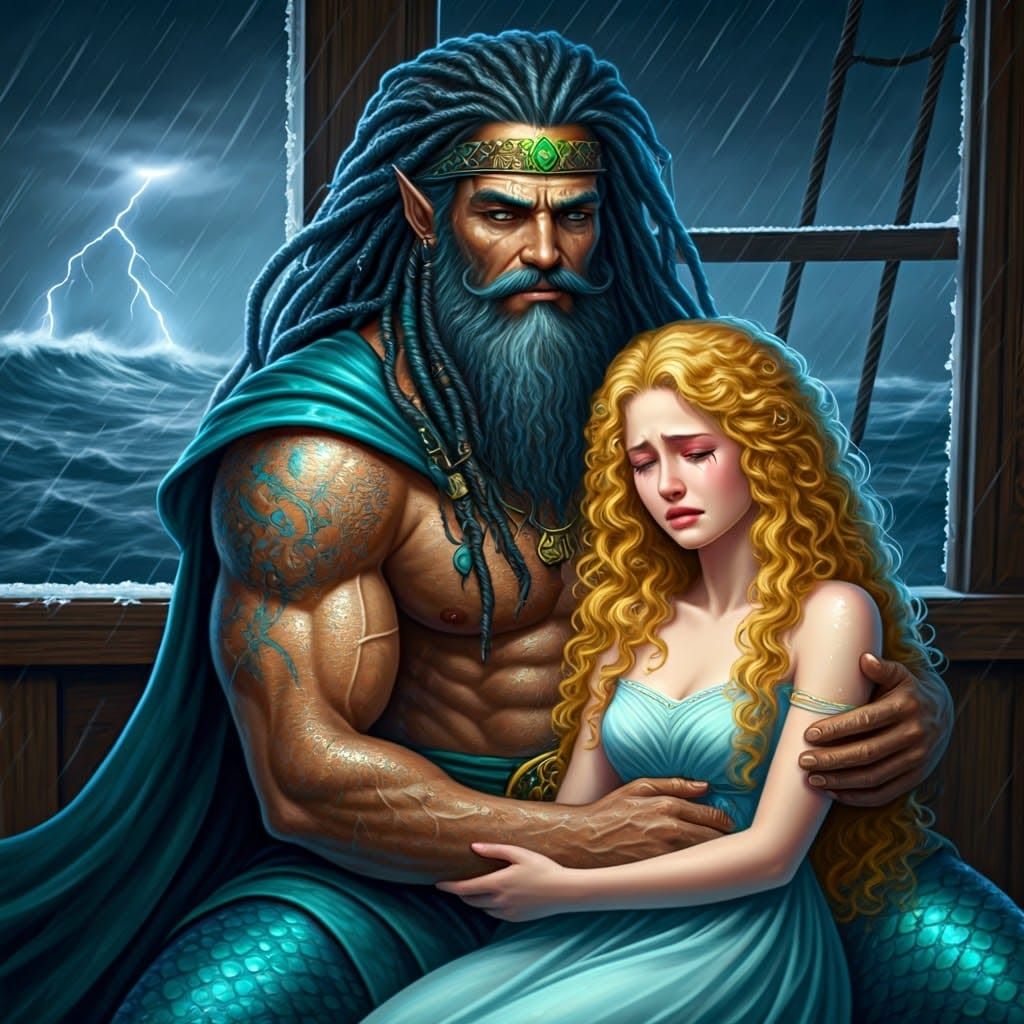 Surreal Sea King in Turquoise Attire Contemplates Weeping Ma...