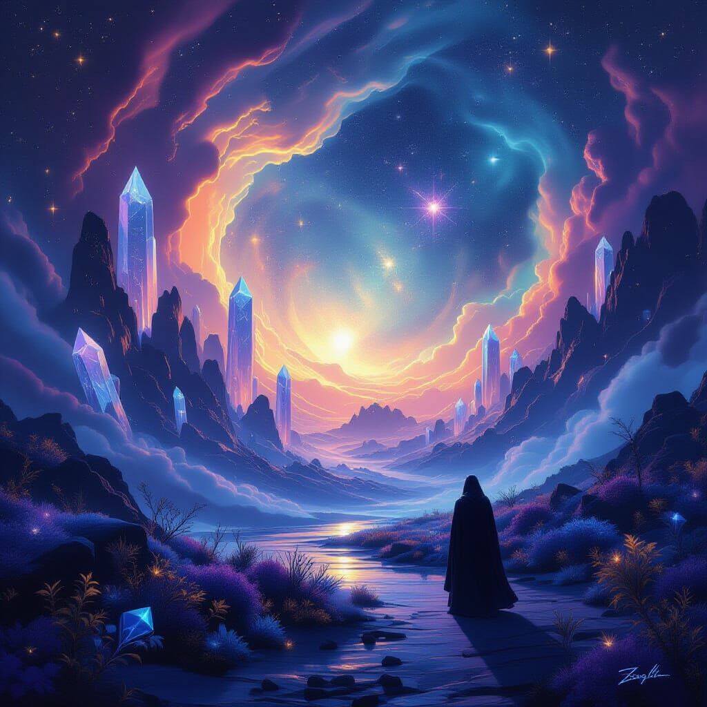 Ethereal Crystal Landscape With Starlight Figure