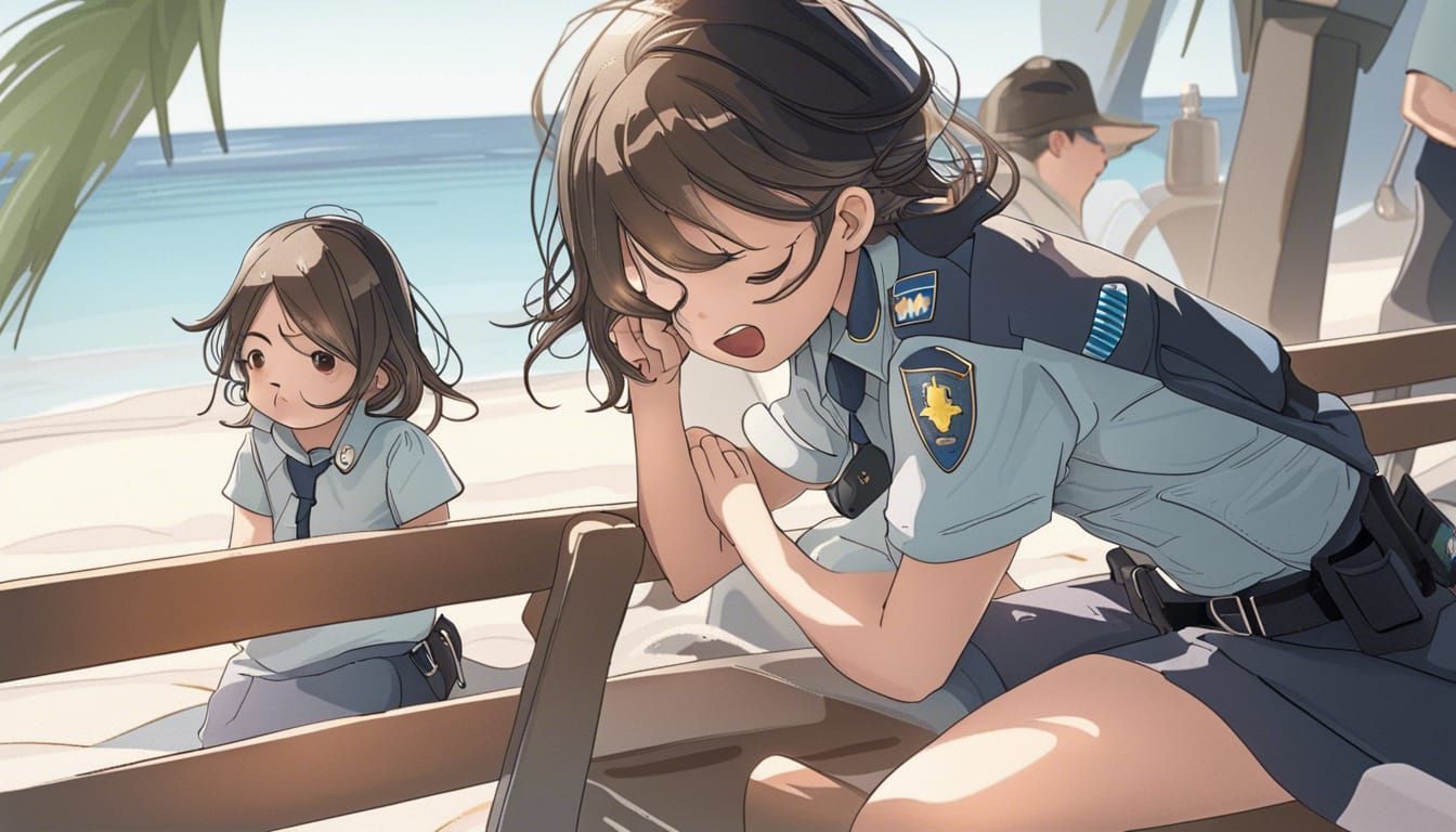 Sad Young Police Officer on Beach Bench