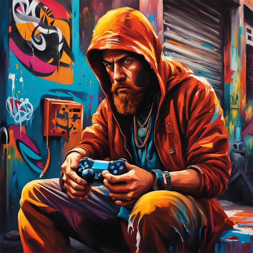 Moroccan Man Gaming in Shadowy Graffiti Art