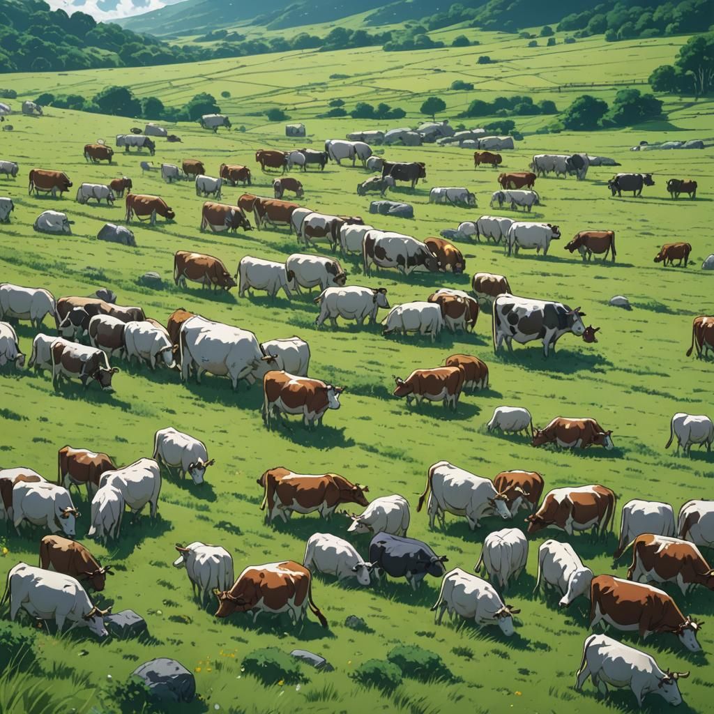 Cows Grazing in Anime Style Landscape