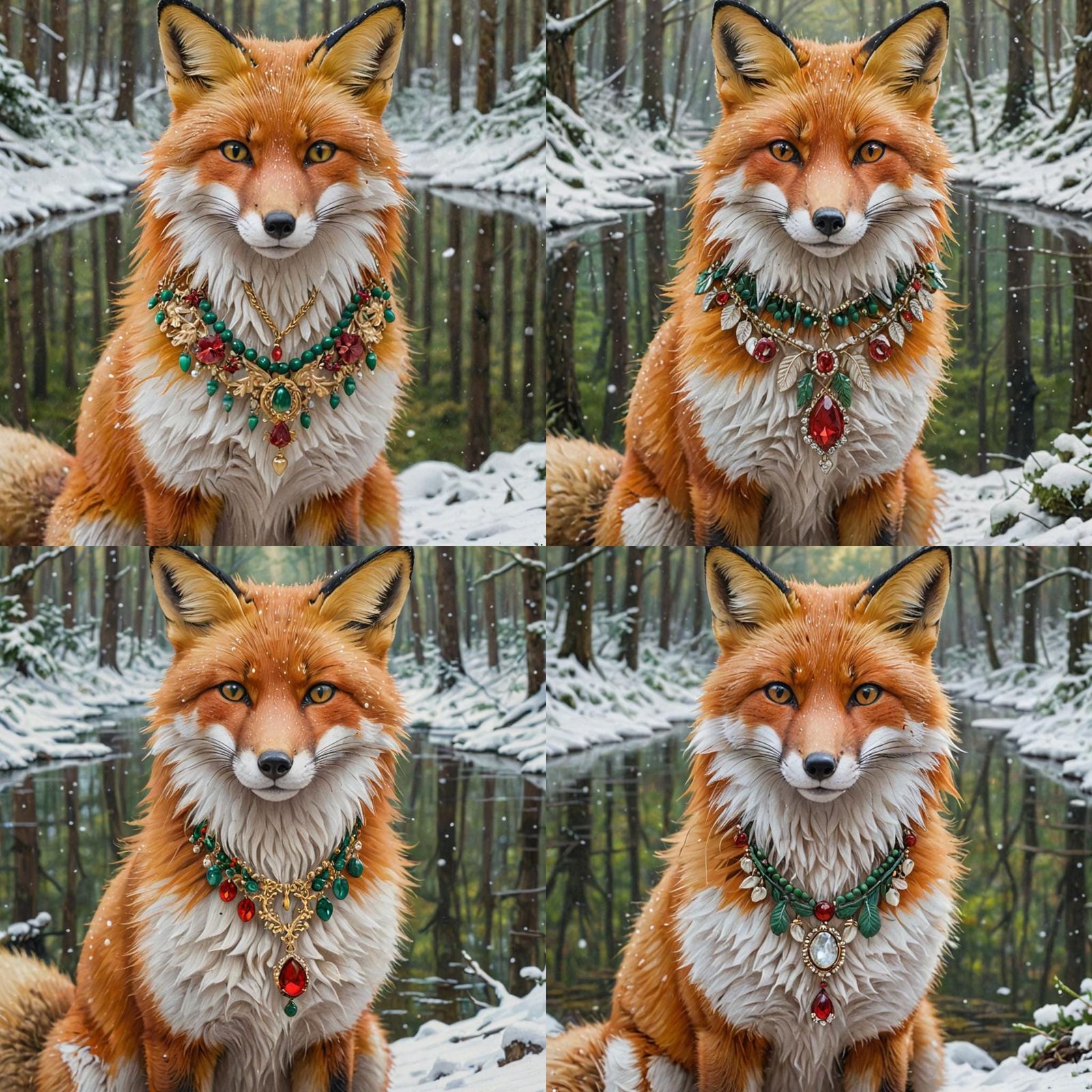 Fox with Necklace in Winter Wonderland Painting
