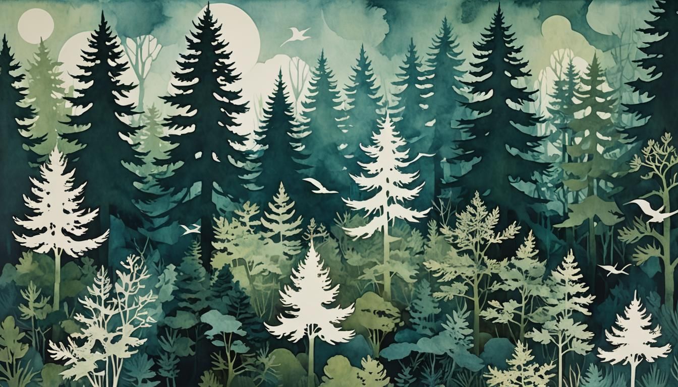 Ethereal Cyanotype Dreamscape with Forest and Birds