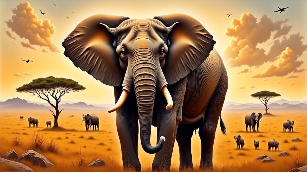 Majestic Elephant on Golden Savannah in Digital Art Style