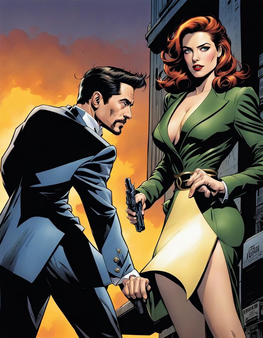 Comic Book Style Detective Scene with Auburn-Tressed Woman