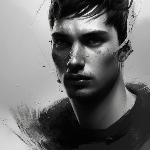 Monochrome Portrait of Sad Man in Hyperdetailed Style