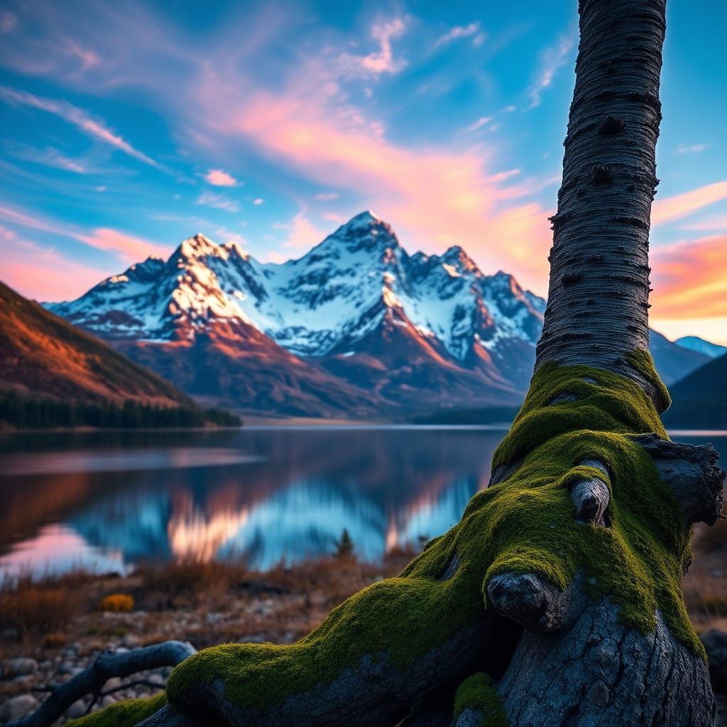 Majestic Mountain Range at Dawn with Serene Lake