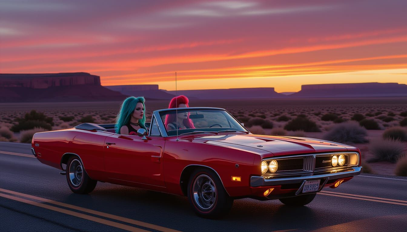 Punk Goth Women Cruise Route 66 at Dusk