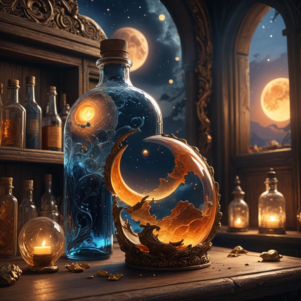 Glowing Moon Inside Ornate Glass Bottle