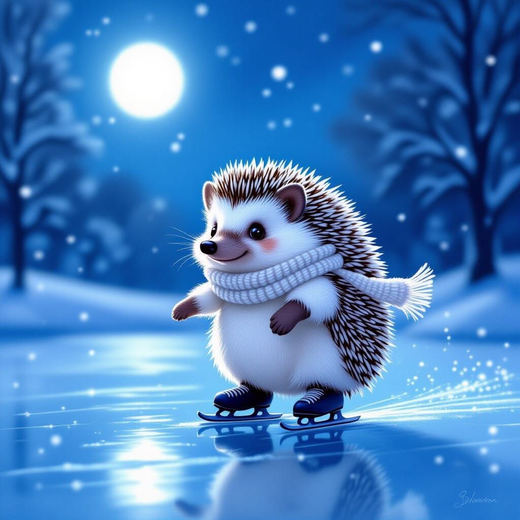 Hedgehog Ice Skating on Frozen Pond in Moonlight
