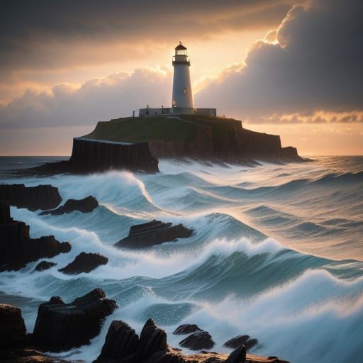 Dramatic Lighthouse on Rocky Coast at Sunset