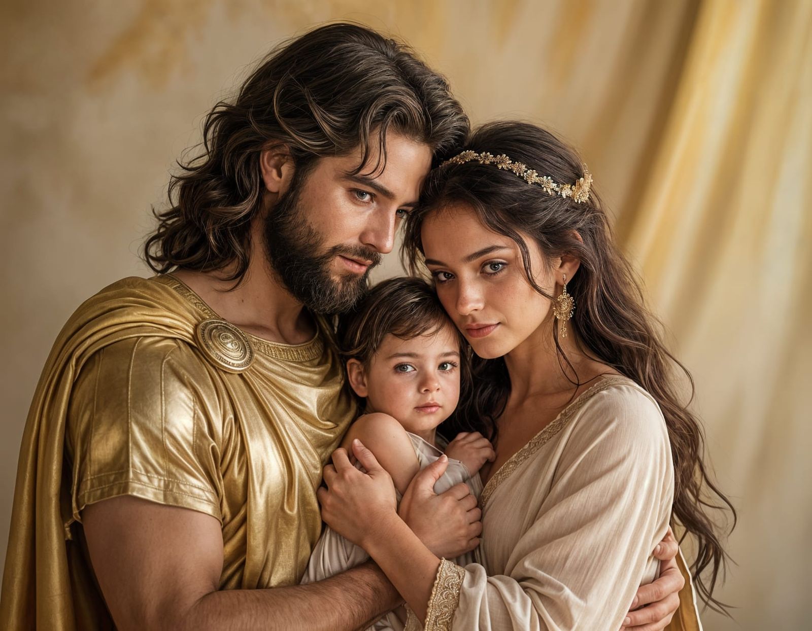 Apollo and Venus Embrace with Child, Cinematic Digital Art