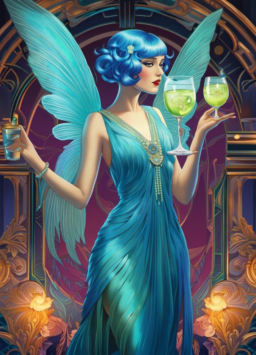 Neon Blue Fairy Flapper Art Deco Portrait