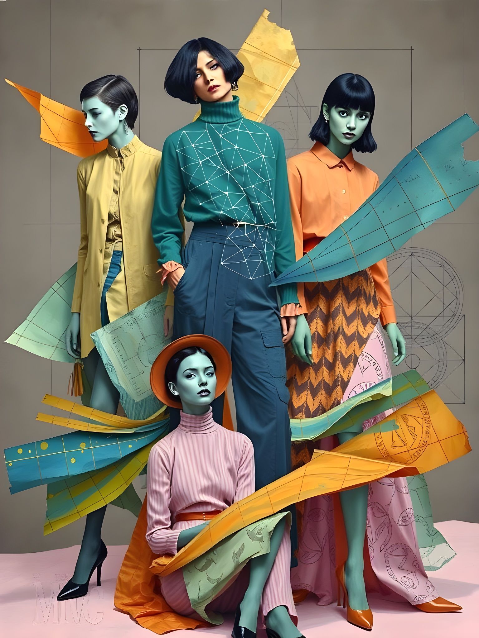 Abstract Collage Artwork with Triadic Colors and Grid Overla...